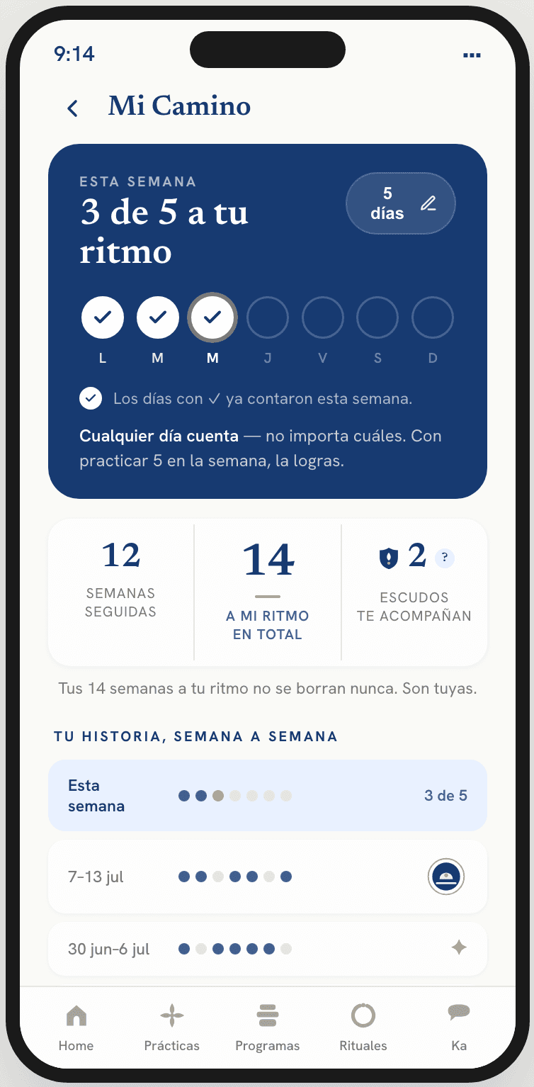 La pantalla Mi Camino: 3 de 5 días a tu ritmo, 12 semanas seguidas y tu historia semana a semana