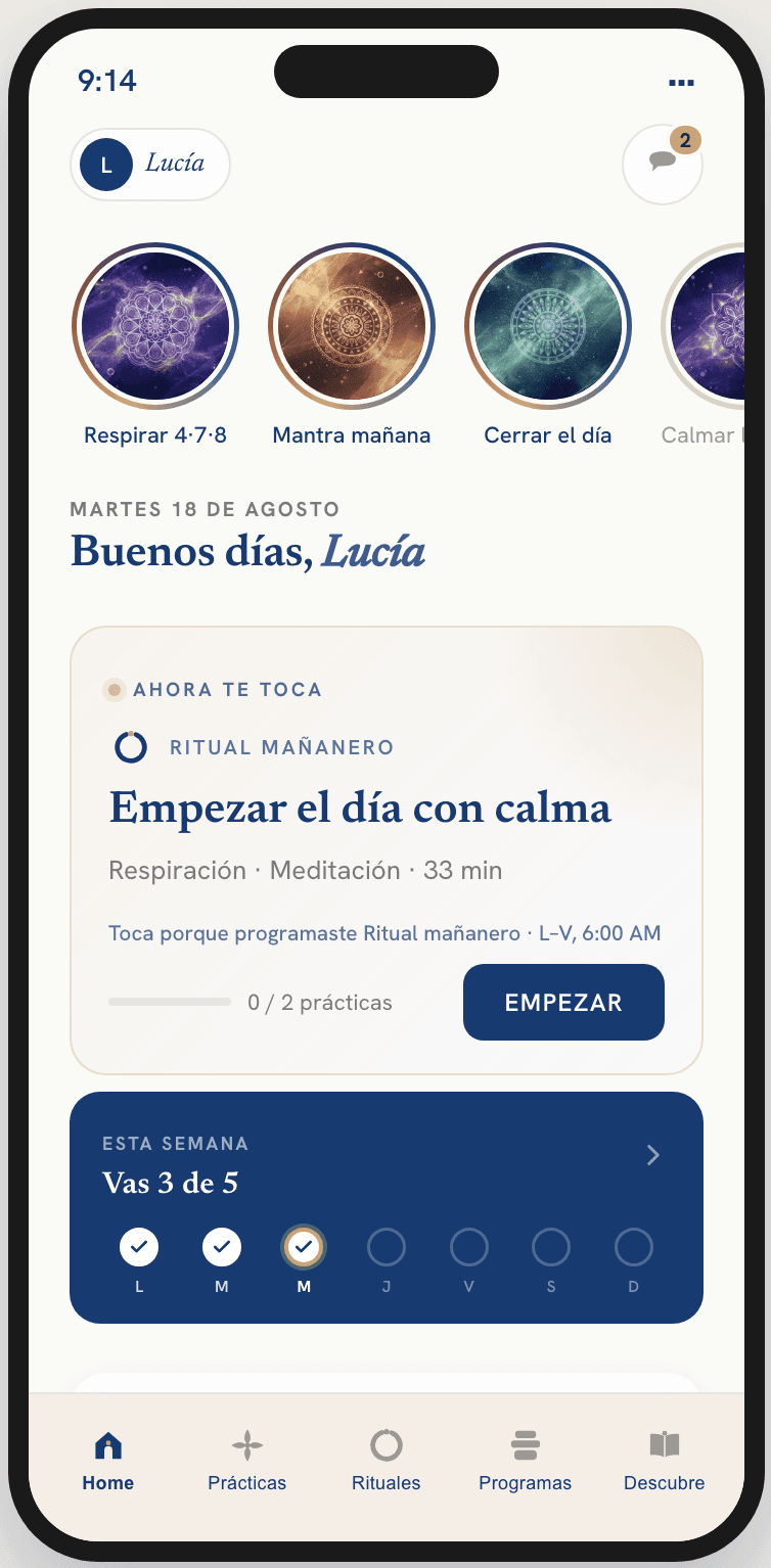 La pantalla de inicio de Aplika: el ritual de la mañana y el avance de la semana